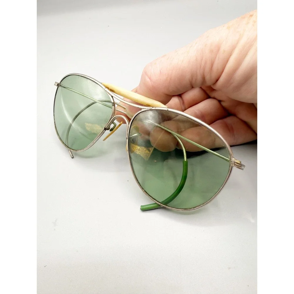 Vintage WW2 Aviator Sunglasses Green Lenses Metal Frame‎ Pre-Ray Ban Glasses AO